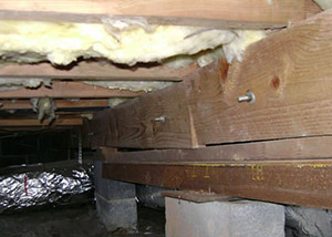 sagging crawl space with wooden shimming a Philipsburg crawl space